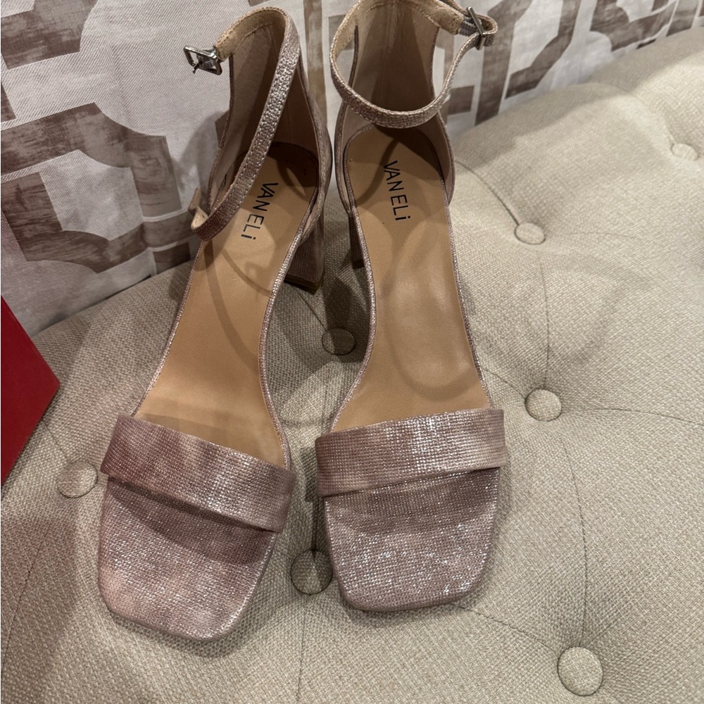 Vaneli Tan Block Heel Sandals with Ankle Strap